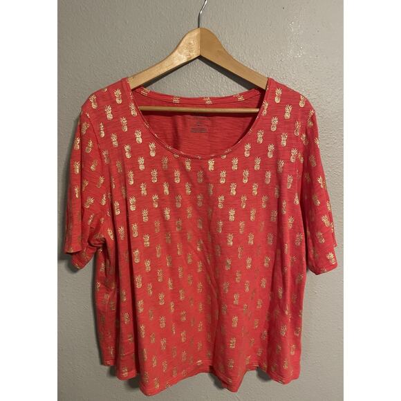 Chicos Womens Top Size 3 US XL Coral Pineapple Print Short Sleeve Artsy FLAW - Picture 1 of 8